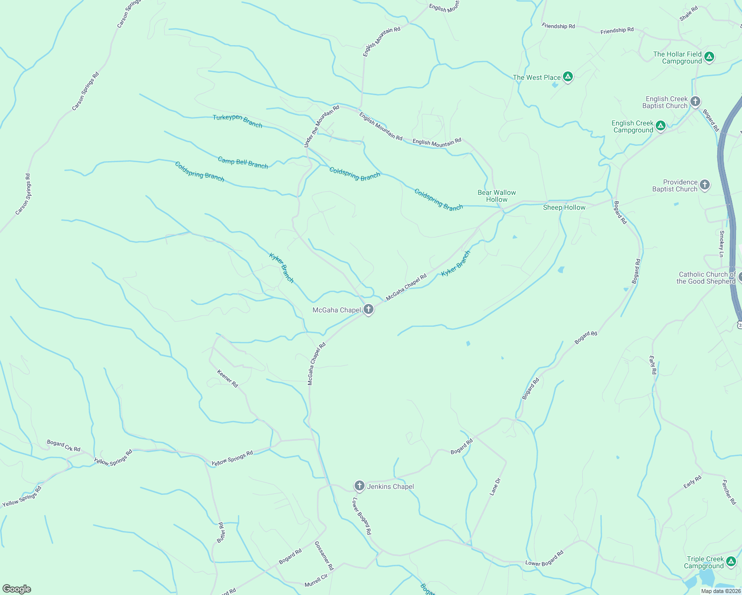 map of restaurants, bars, coffee shops, grocery stores, and more near 588-598 McGaha Chapel Road in Cosby