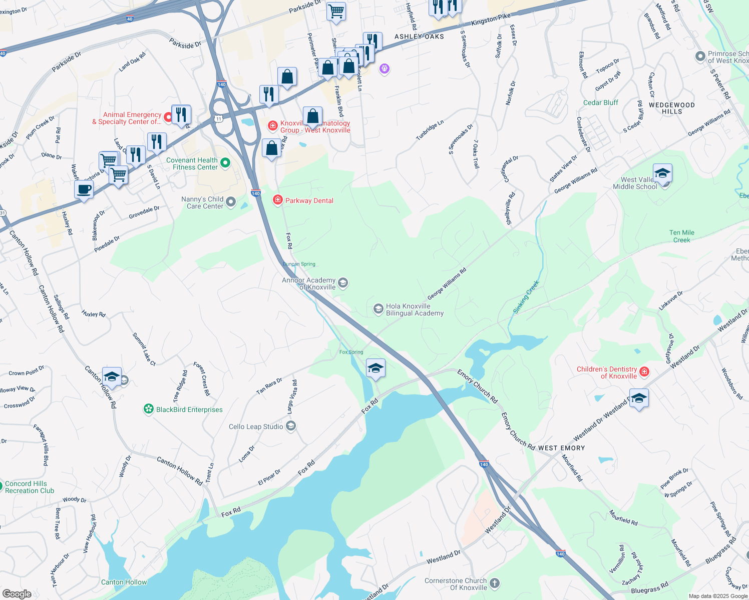 map of restaurants, bars, coffee shops, grocery stores, and more near 708 Dawson Creek Lane in Knoxville