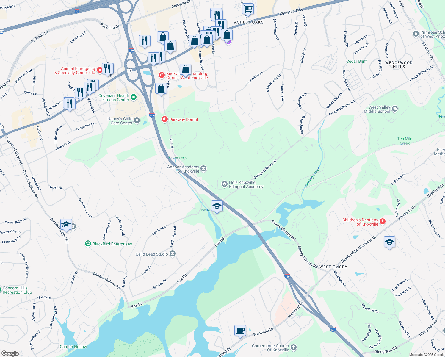 map of restaurants, bars, coffee shops, grocery stores, and more near 708 Dawson Creek Lane in Knoxville