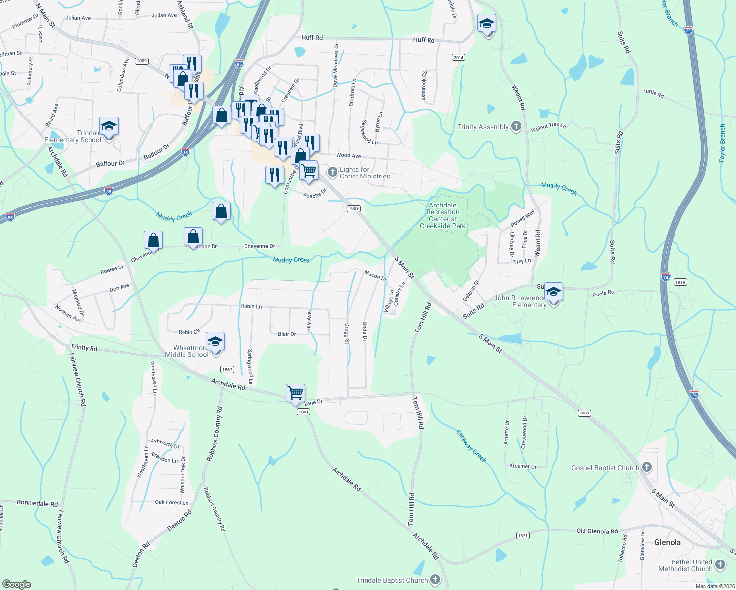 map of restaurants, bars, coffee shops, grocery stores, and more near 106 Linda Dr in Archdale