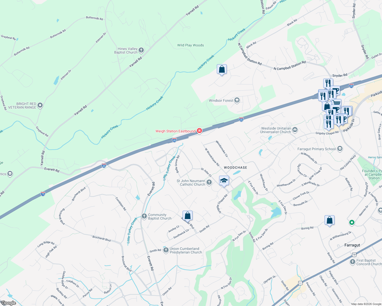 map of restaurants, bars, coffee shops, grocery stores, and more near 851 Oconnell Dr in Knoxville