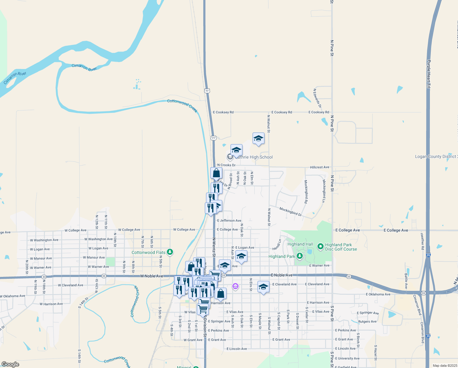 map of restaurants, bars, coffee shops, grocery stores, and more near 1227 N Broad St in Guthrie