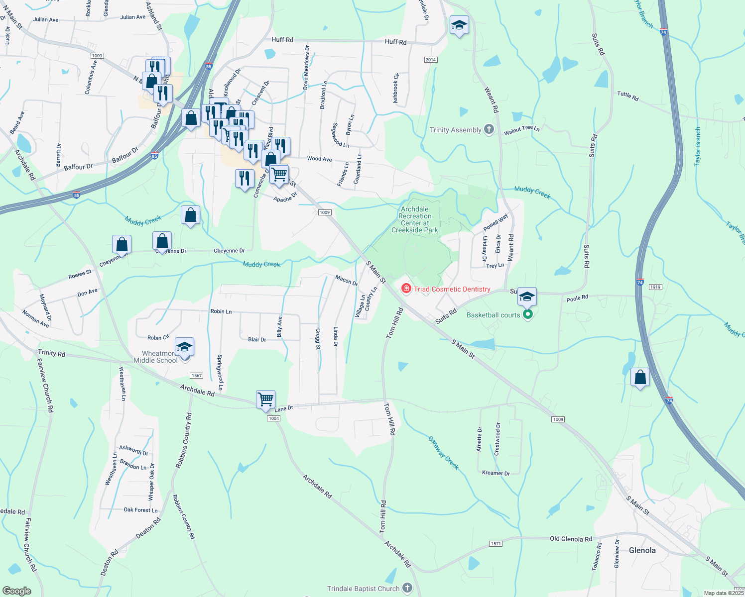 map of restaurants, bars, coffee shops, grocery stores, and more near 5106 Country Ln in Archdale