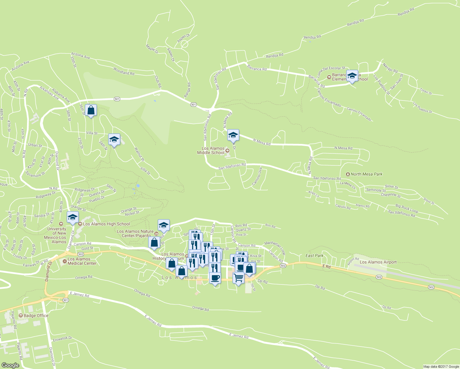 map of restaurants, bars, coffee shops, grocery stores, and more near 1910 Camino Redondo in Los Alamos