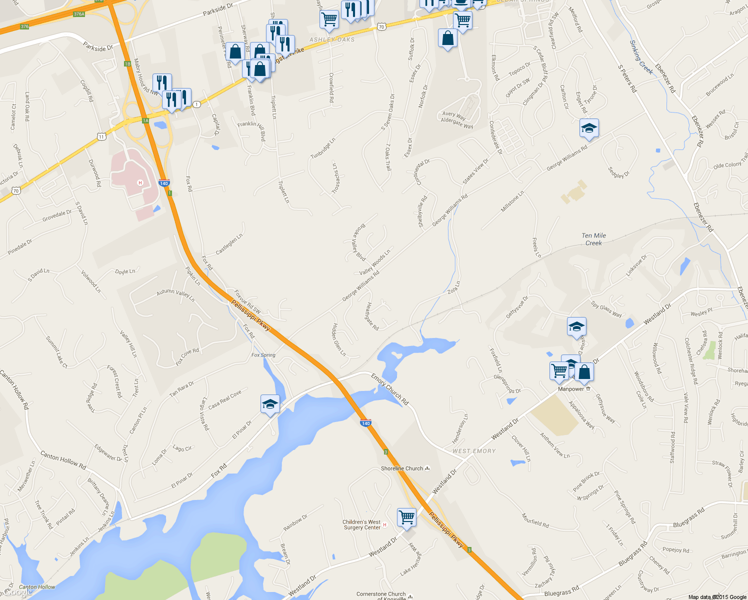 map of restaurants, bars, coffee shops, grocery stores, and more near 728 Heathgate Road in Knoxville