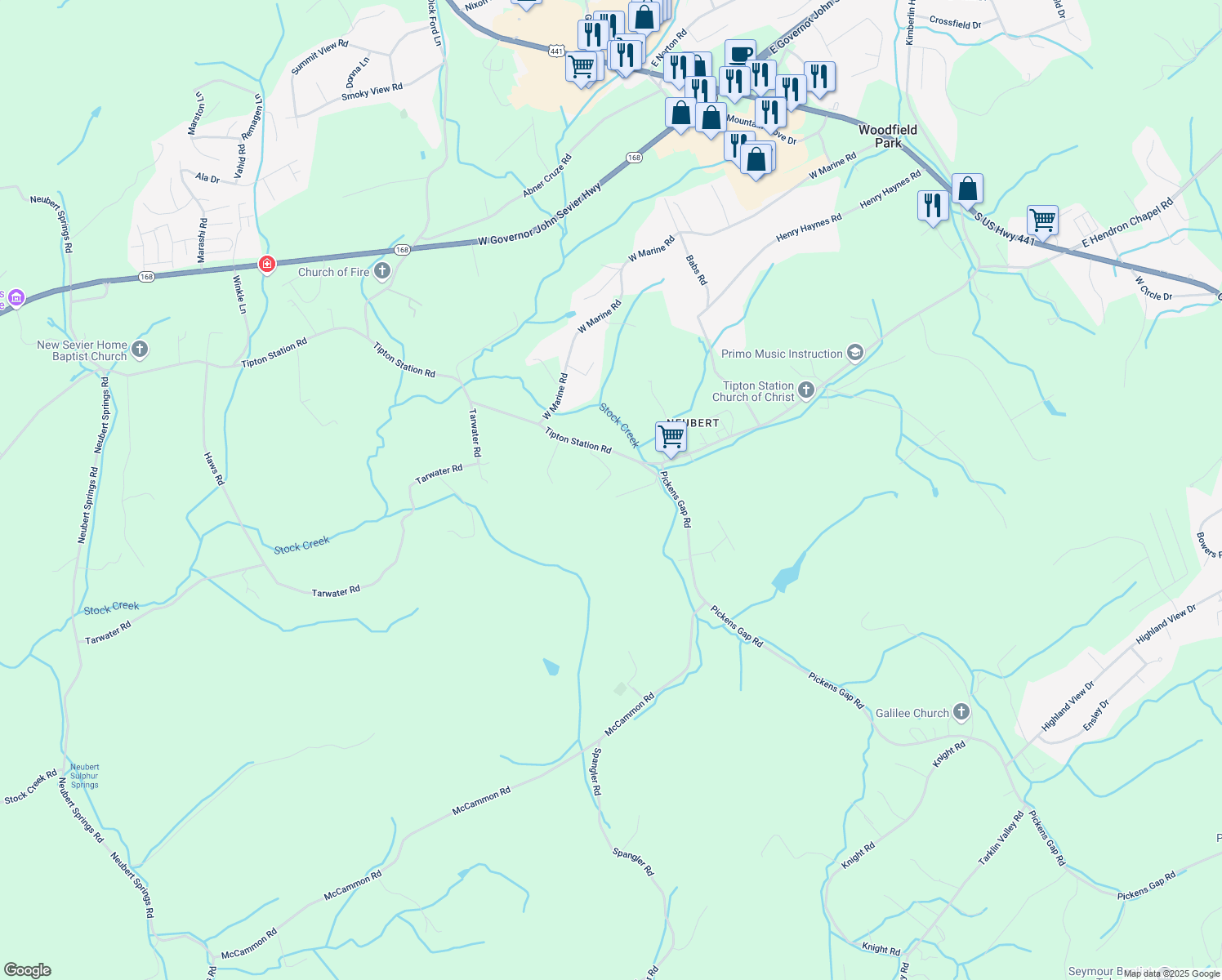 map of restaurants, bars, coffee shops, grocery stores, and more near 735 Sportster Way in Knoxville