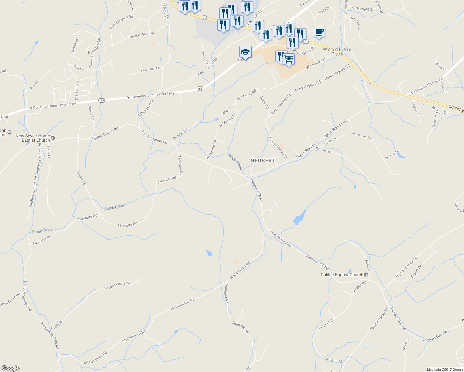map of restaurants, bars, coffee shops, grocery stores, and more near 735 Sportster Way in Knoxville