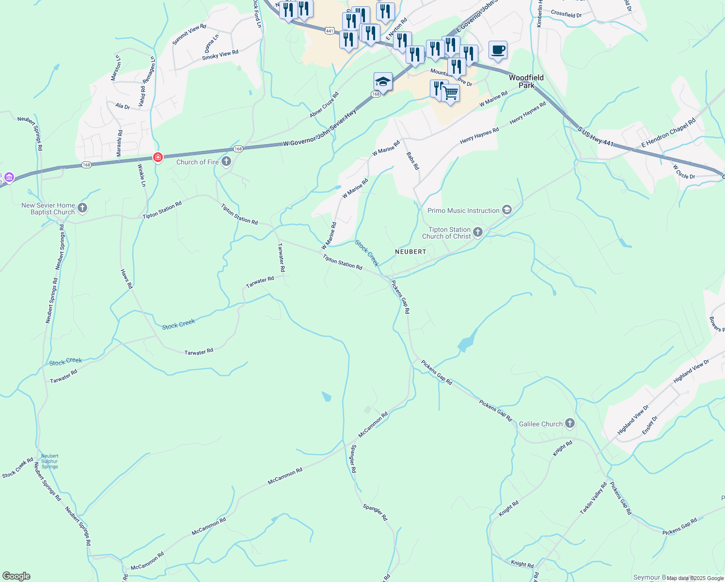 map of restaurants, bars, coffee shops, grocery stores, and more near 735 Sportster Way in Knoxville