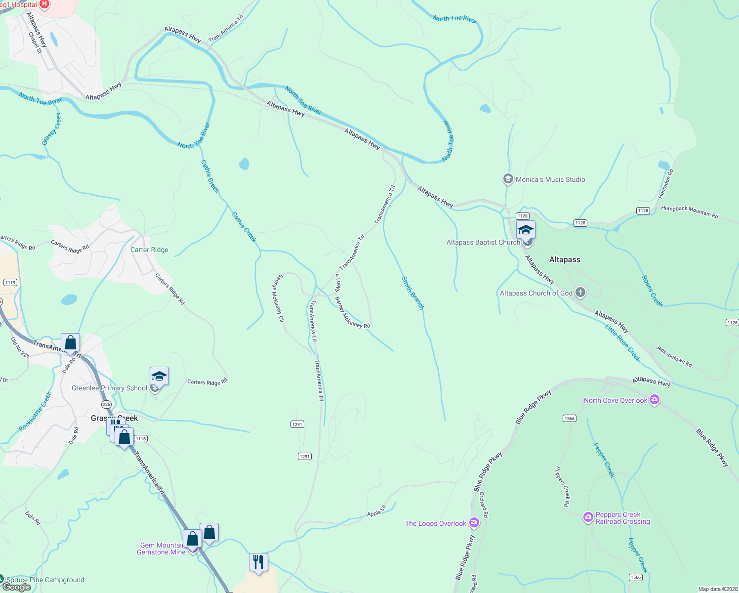 map of restaurants, bars, coffee shops, grocery stores, and more near 231 Barney McKinney Road in Spruce Pine