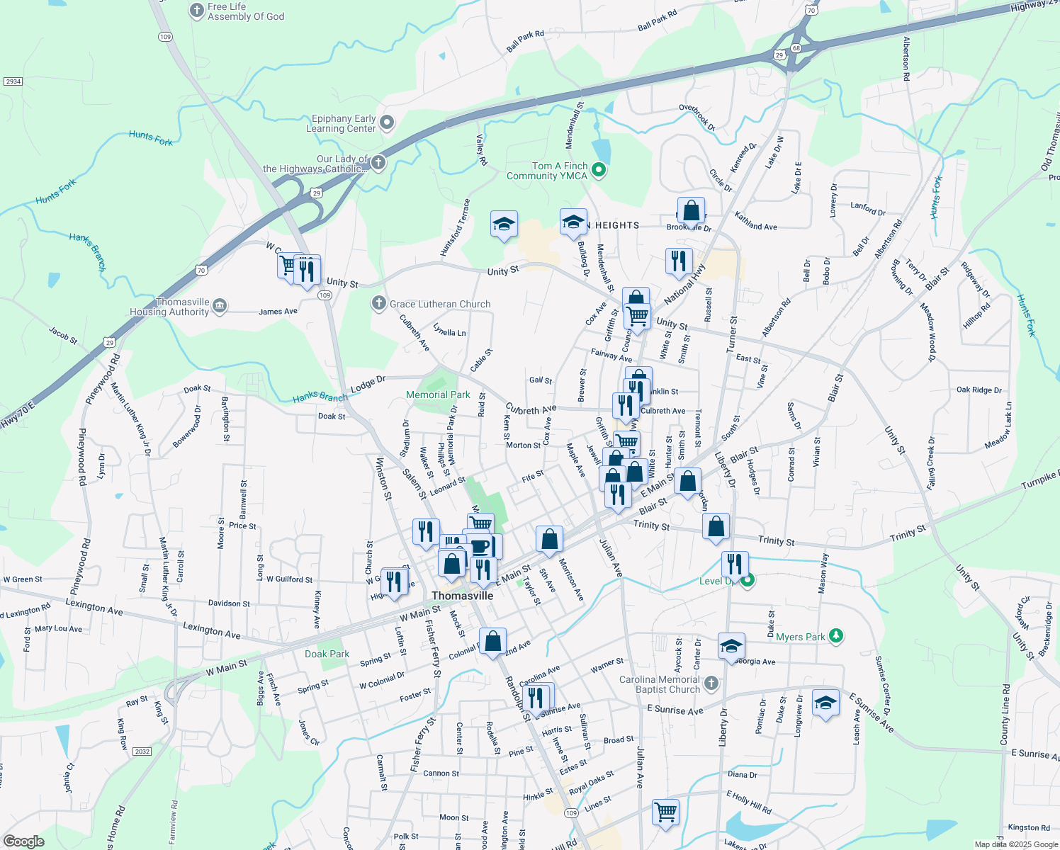 map of restaurants, bars, coffee shops, grocery stores, and more near 408 West Street in Thomasville
