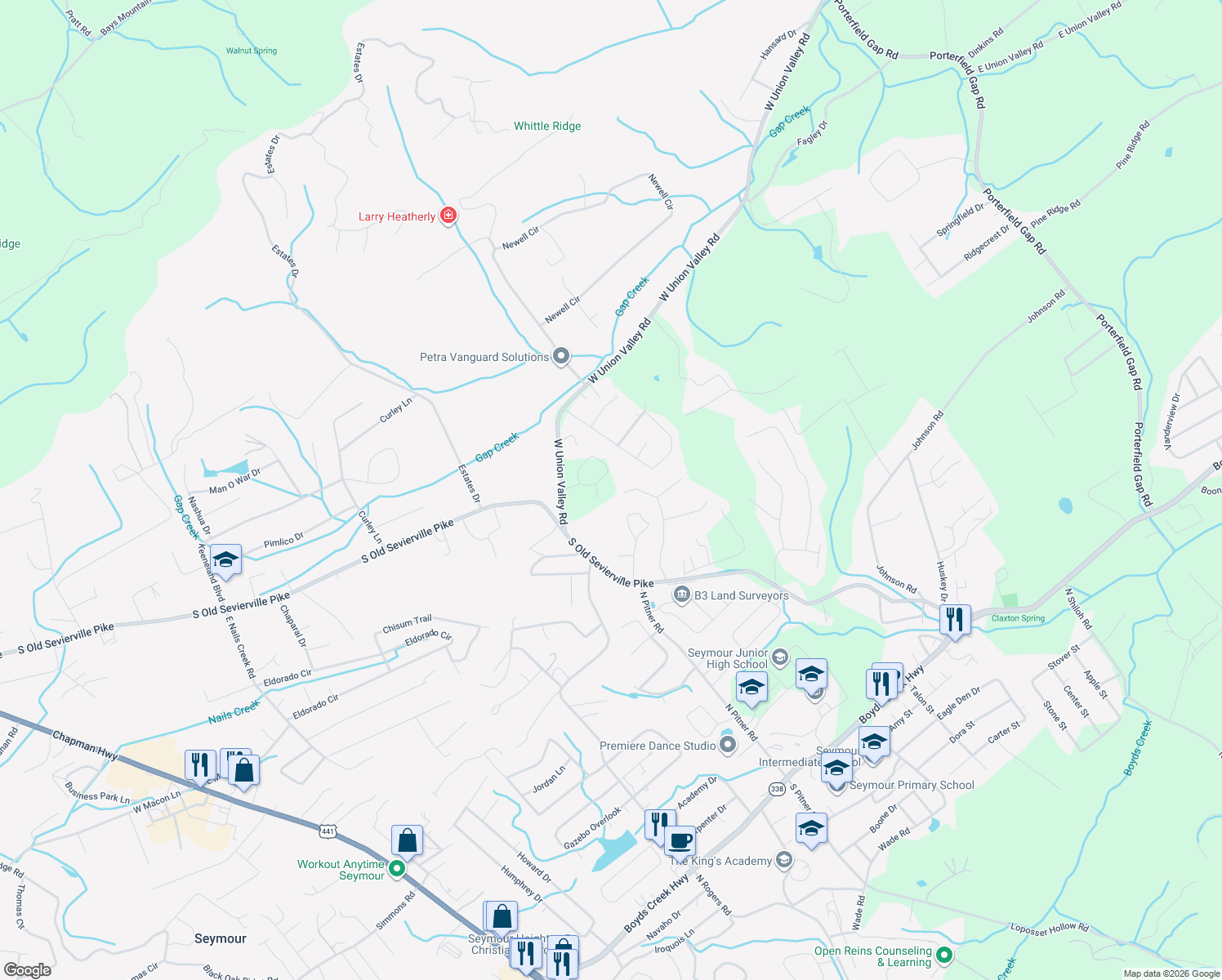 map of restaurants, bars, coffee shops, grocery stores, and more near 838 Trinity View Circle in Seymour