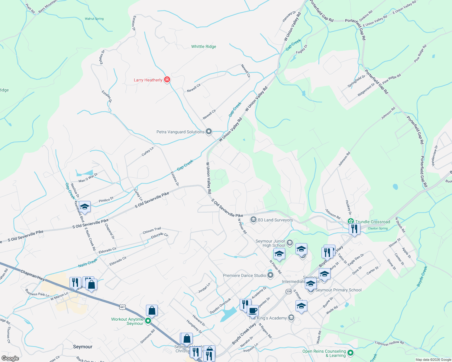 map of restaurants, bars, coffee shops, grocery stores, and more near 838 Trinity View Circle in Seymour