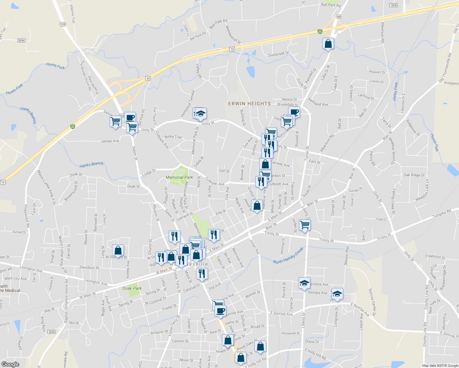 map of restaurants, bars, coffee shops, grocery stores, and more near 407 Cox Avenue in Thomasville
