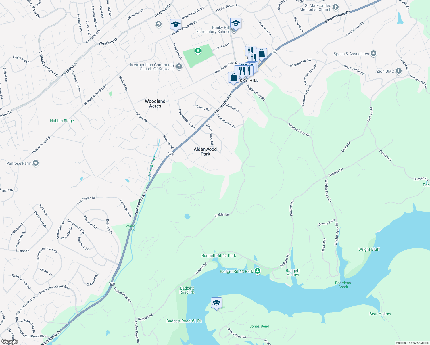 map of restaurants, bars, coffee shops, grocery stores, and more near 1731 Dunwoody Boulevard in Knoxville