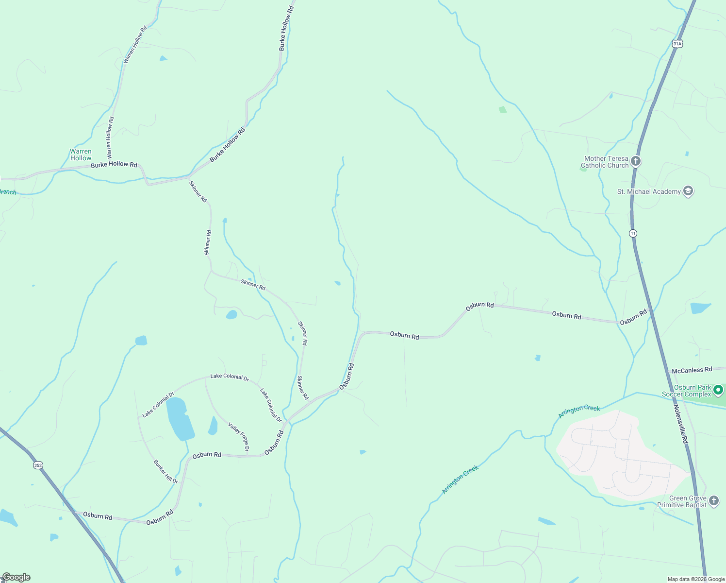 map of restaurants, bars, coffee shops, grocery stores, and more near 2208 Osburn Road in Arrington