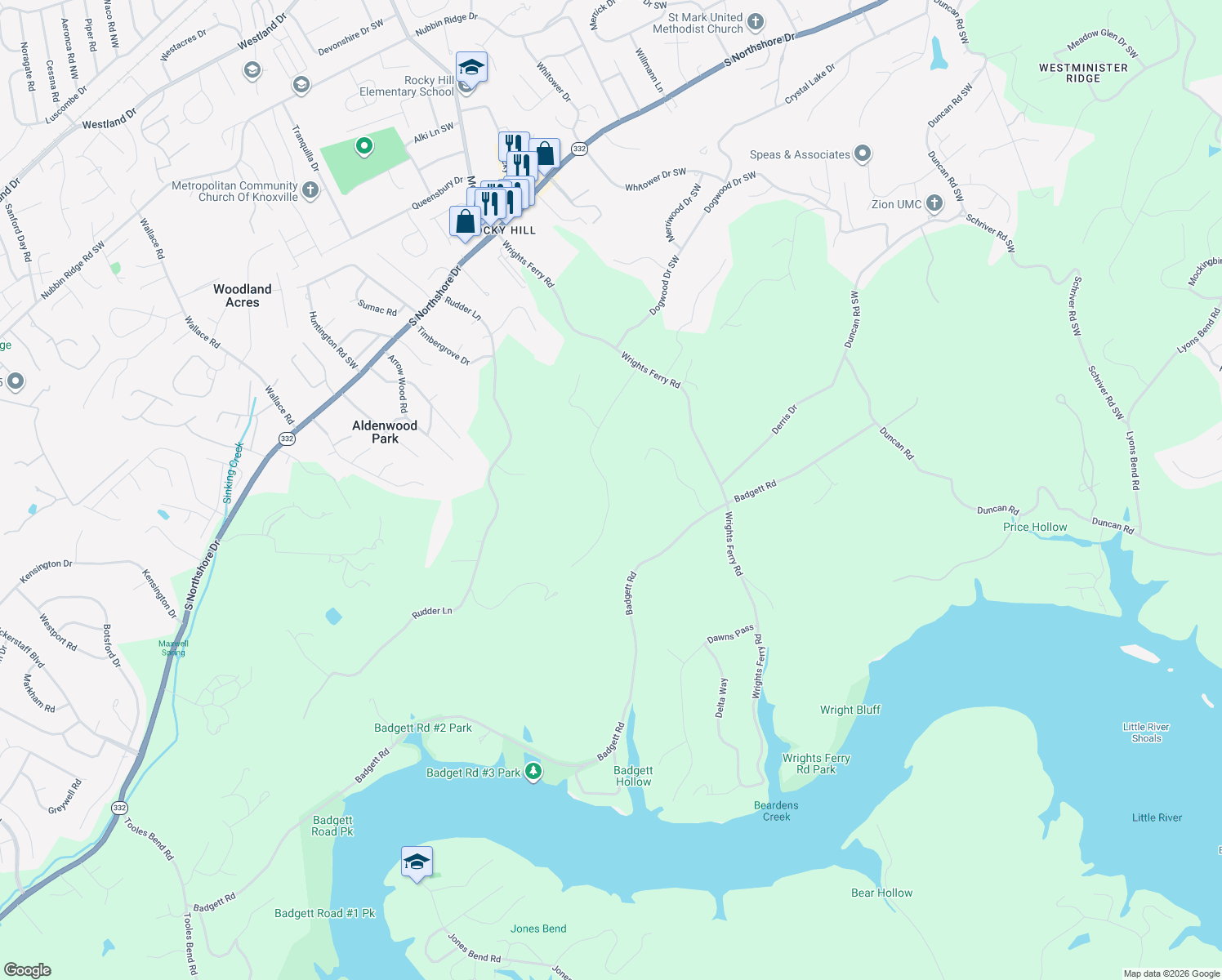 map of restaurants, bars, coffee shops, grocery stores, and more near 7712 Cherokee Springs Way in Knoxville
