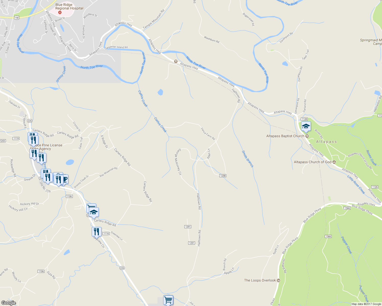 map of restaurants, bars, coffee shops, grocery stores, and more near 120 George McKinney Circle in Spruce Pine