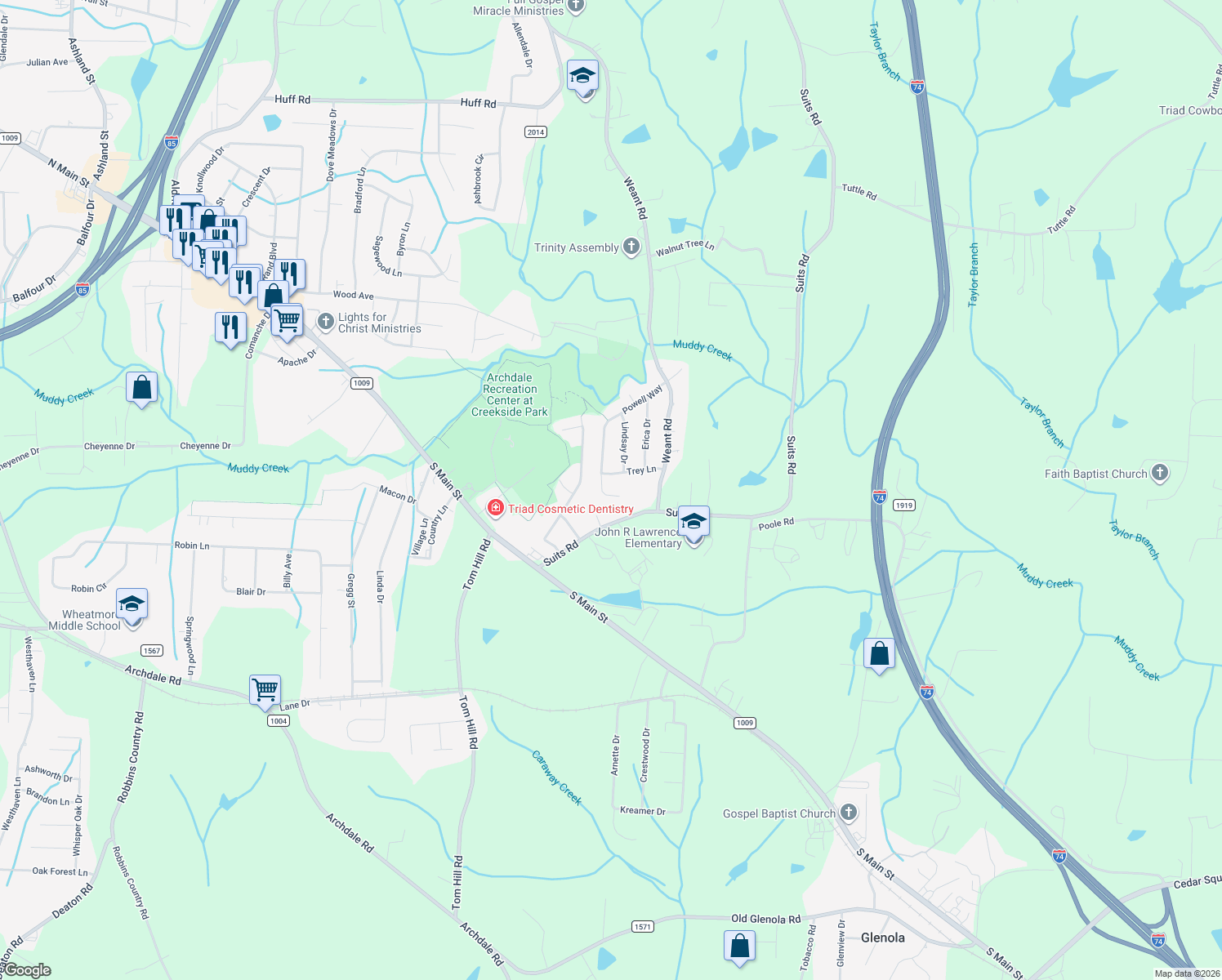 map of restaurants, bars, coffee shops, grocery stores, and more near 613 Powell Way in Archdale