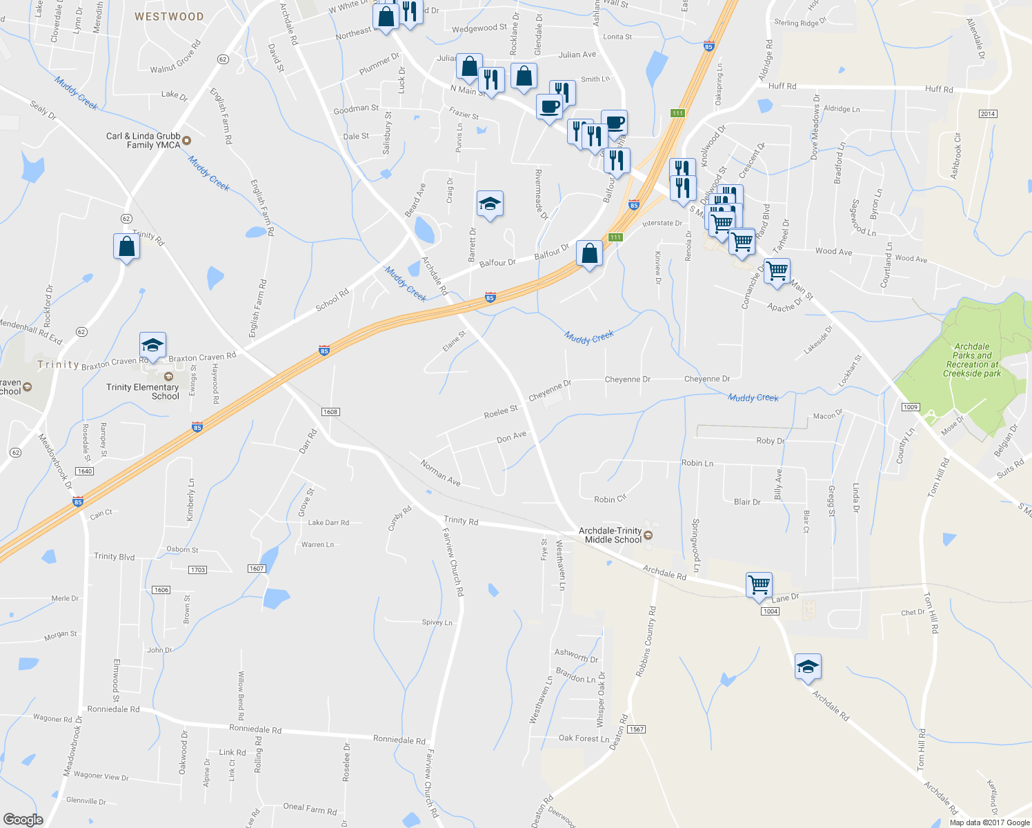 map of restaurants, bars, coffee shops, grocery stores, and more near 4700 Archdale Road in Trinity