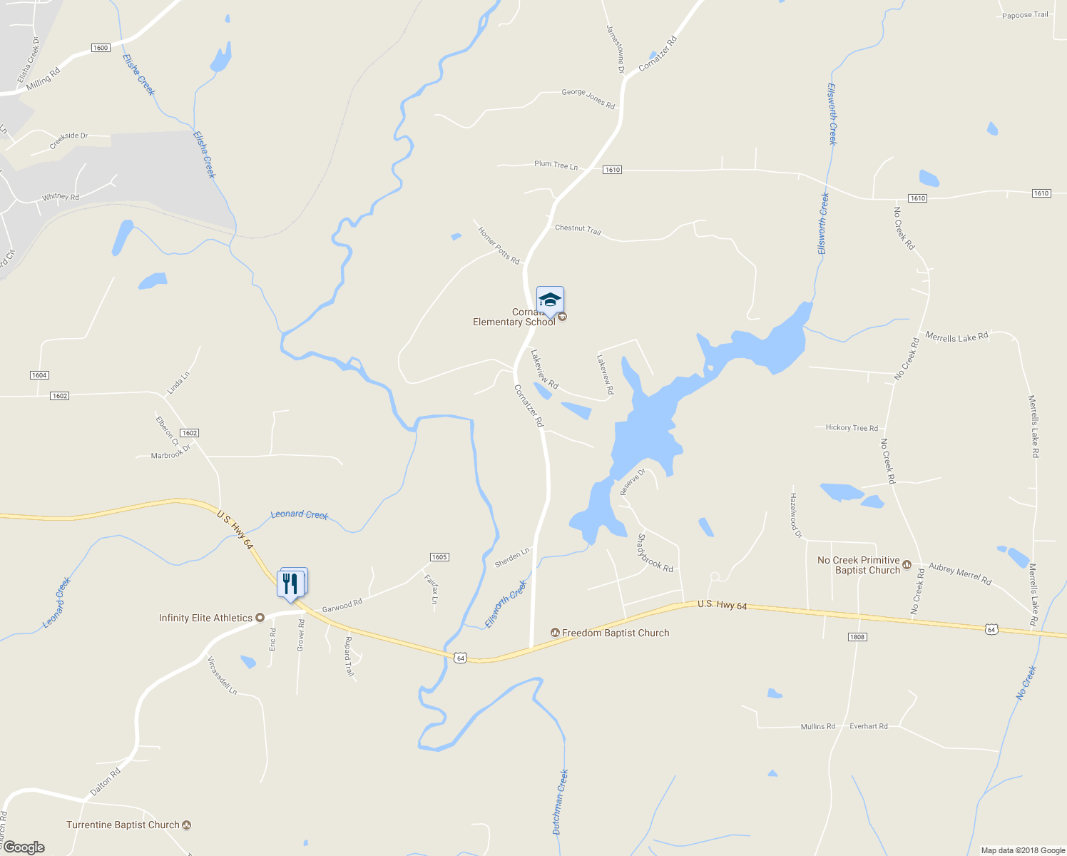 map of restaurants, bars, coffee shops, grocery stores, and more near 407 Cornatzer Road in Mocksville