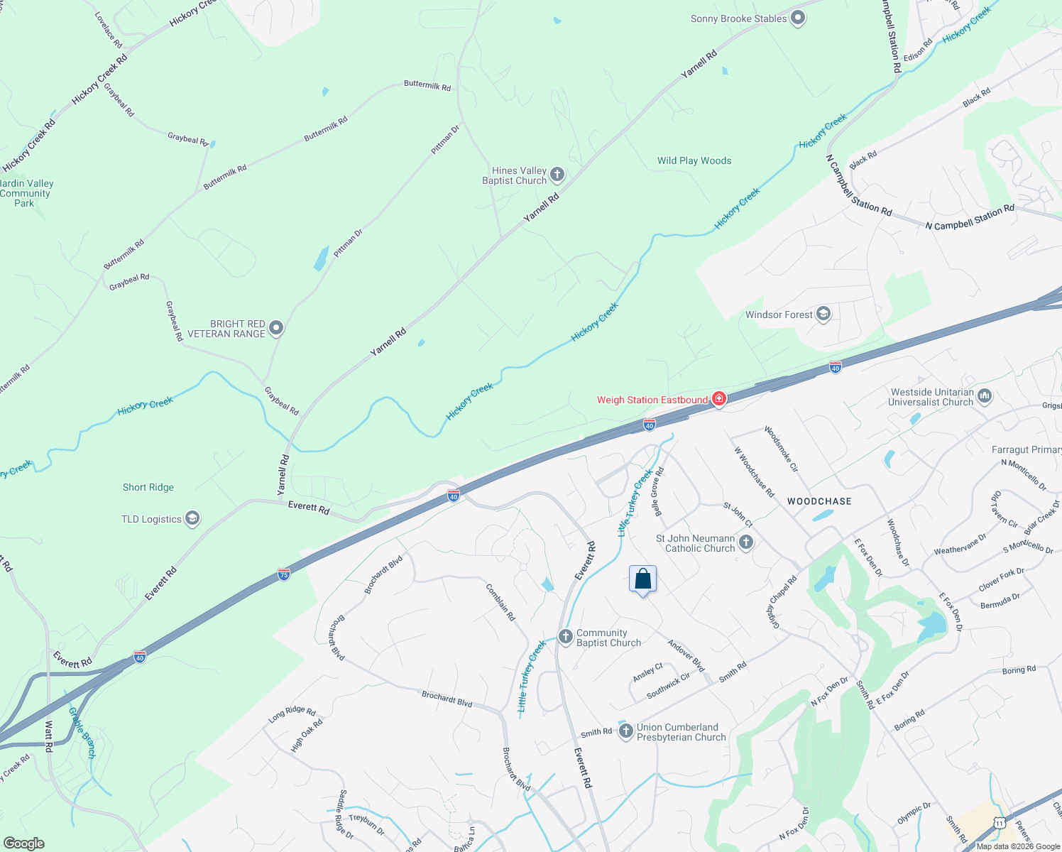 map of restaurants, bars, coffee shops, grocery stores, and more near Interstate 40 in Farragut
