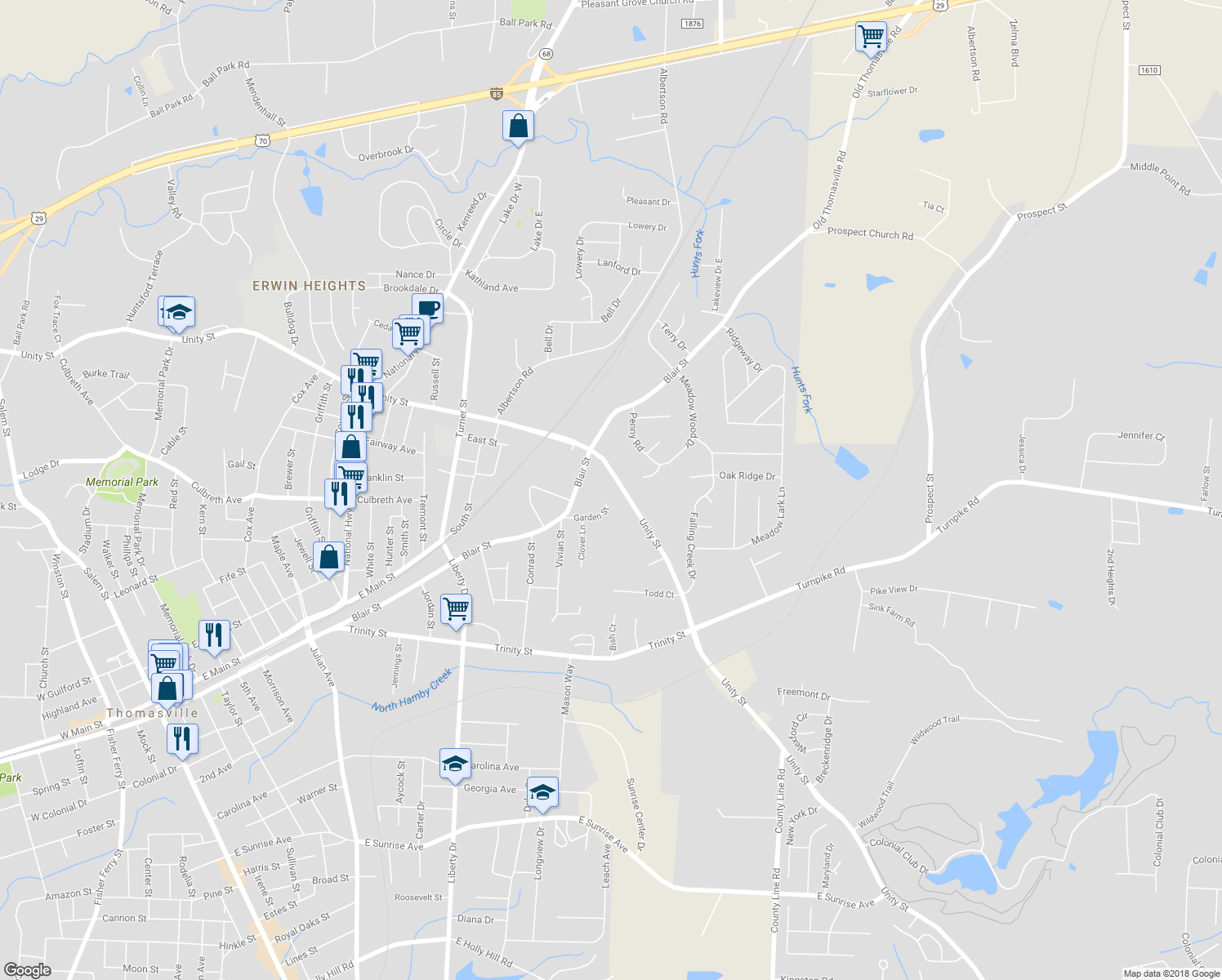 map of restaurants, bars, coffee shops, grocery stores, and more near 1315 Unity Street in Thomasville