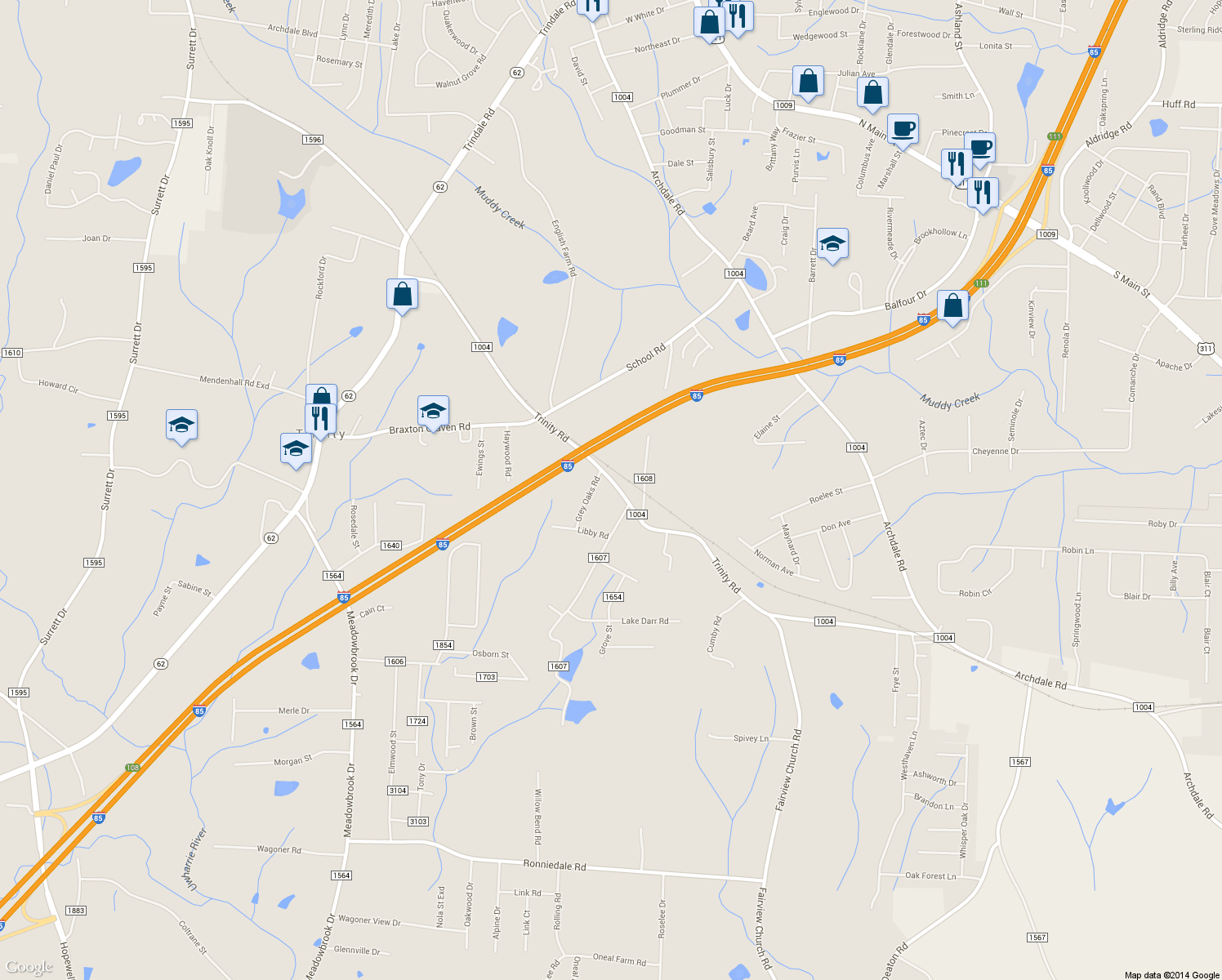 map of restaurants, bars, coffee shops, grocery stores, and more near 12435 Trinity Rd in Trinity