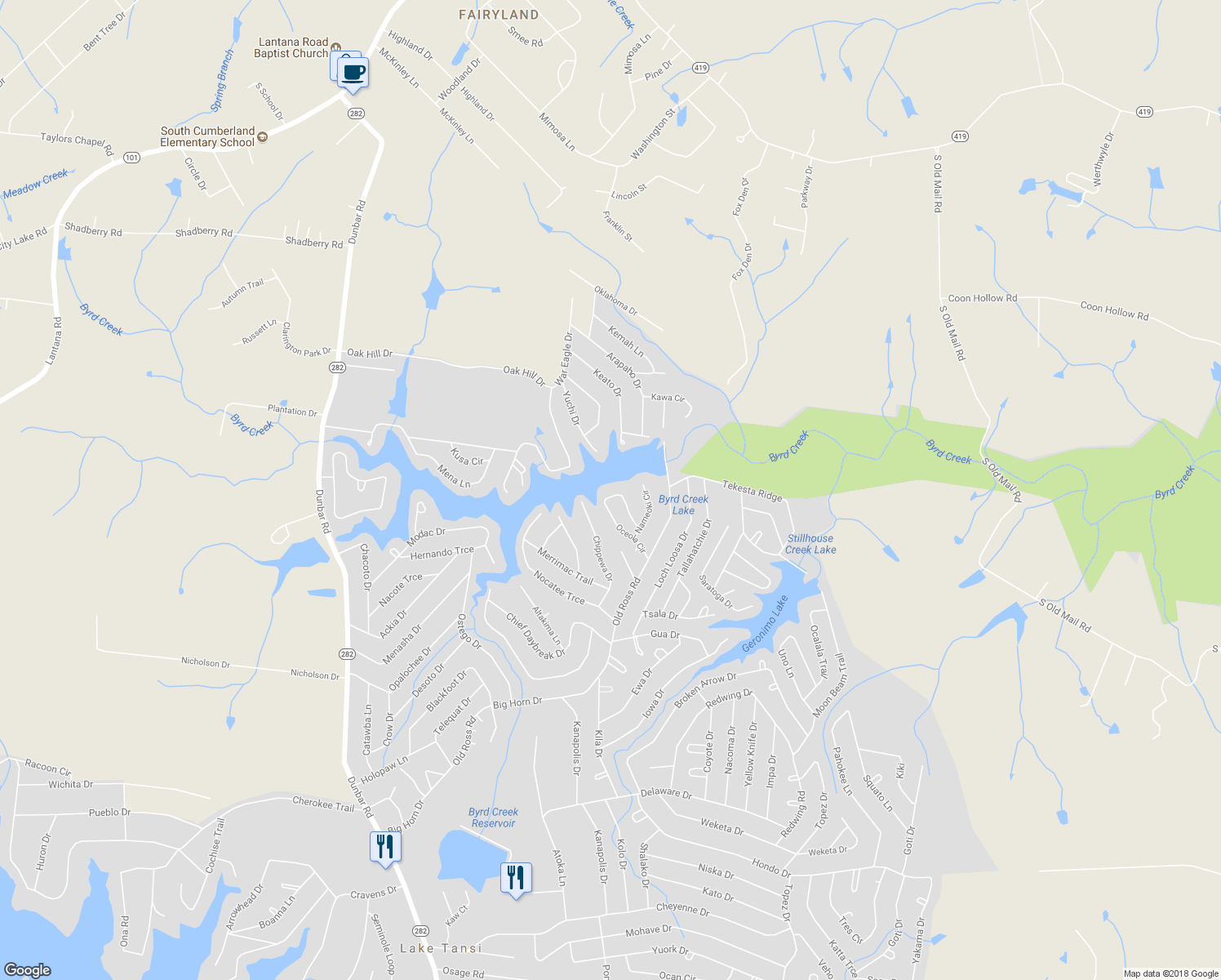 map of restaurants, bars, coffee shops, grocery stores, and more near 1035 Oceola Circle in Crossville