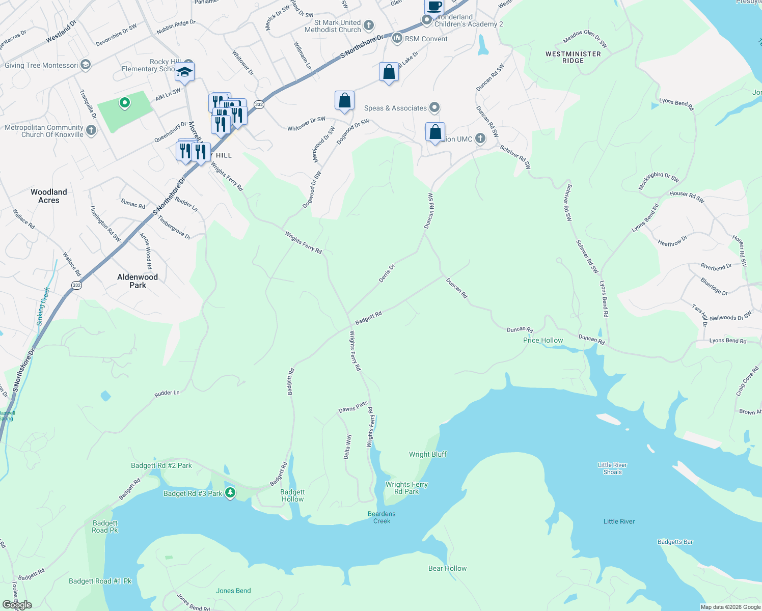 map of restaurants, bars, coffee shops, grocery stores, and more near 7517 Badgett Road in Knoxville
