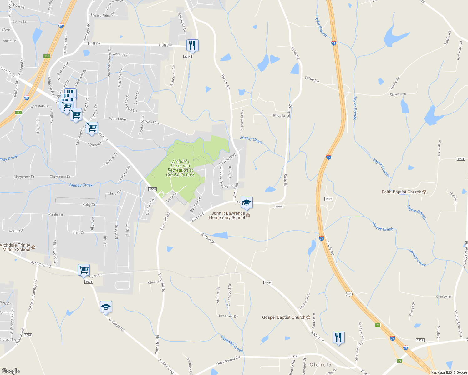 map of restaurants, bars, coffee shops, grocery stores, and more near 101 Trey Lane in Archdale