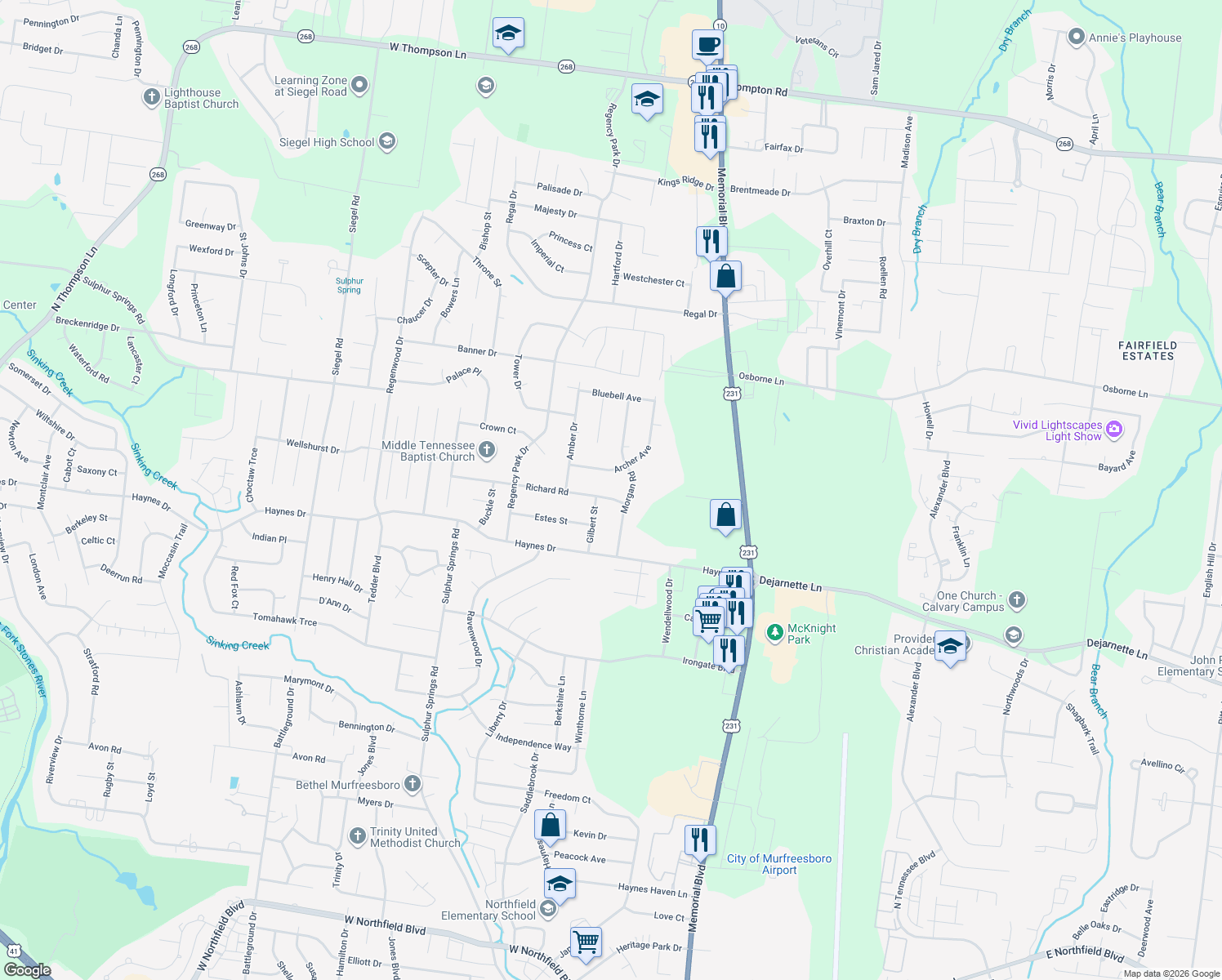 map of restaurants, bars, coffee shops, grocery stores, and more near 402 Richard Road in Murfreesboro
