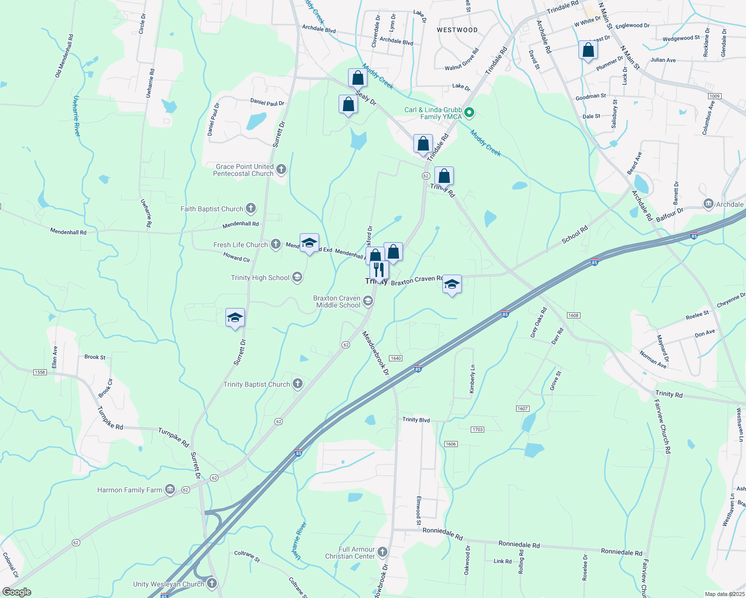 map of restaurants, bars, coffee shops, grocery stores, and more near 7044 North Carolina 62 in Trinity