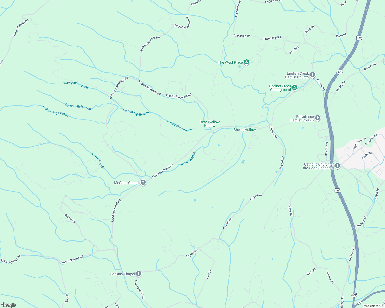 map of restaurants, bars, coffee shops, grocery stores, and more near 2225 McGaha Chapel Road in Cosby