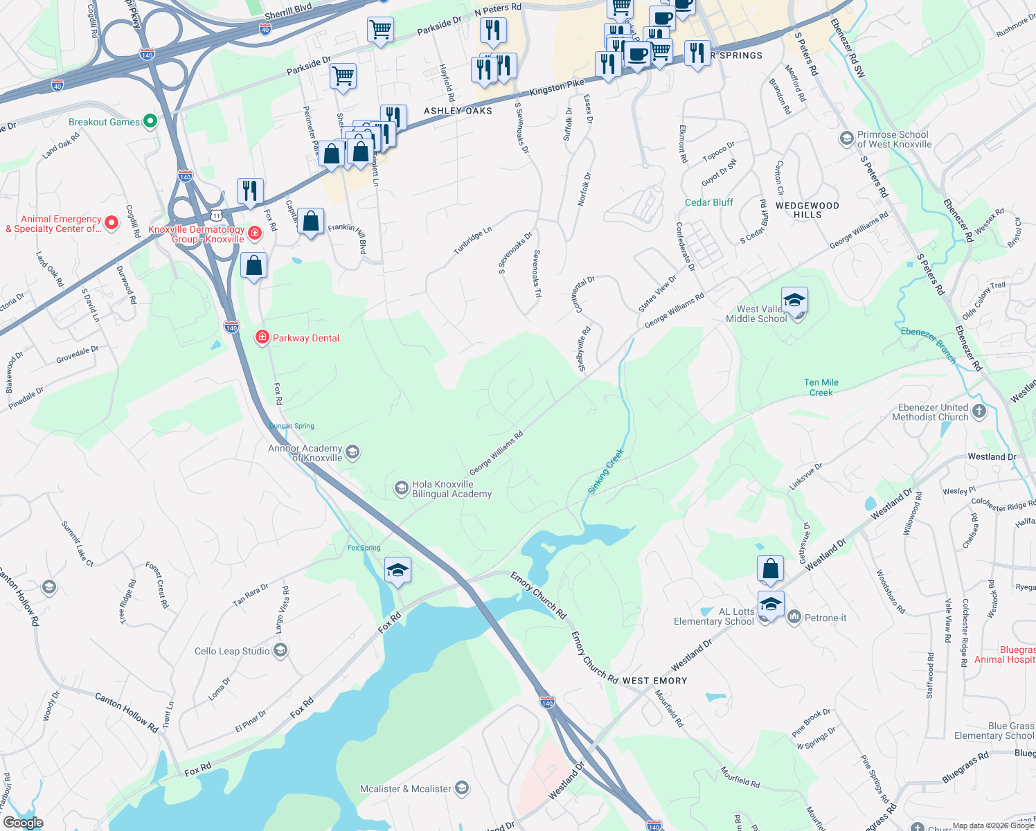 map of restaurants, bars, coffee shops, grocery stores, and more near 9647 Valley Woods Lane in Knoxville