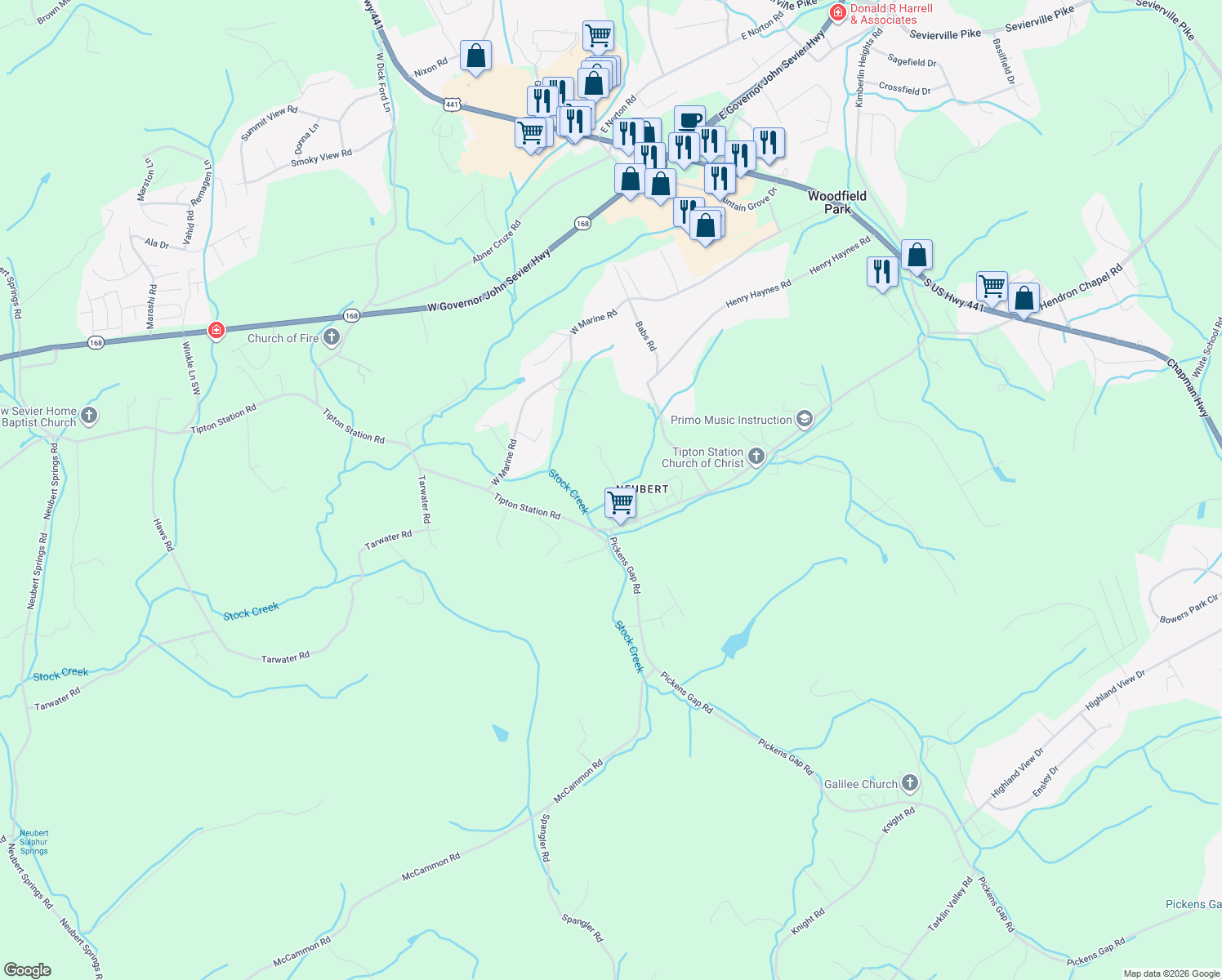 map of restaurants, bars, coffee shops, grocery stores, and more near 8014 Bob Cummings Road in Knoxville