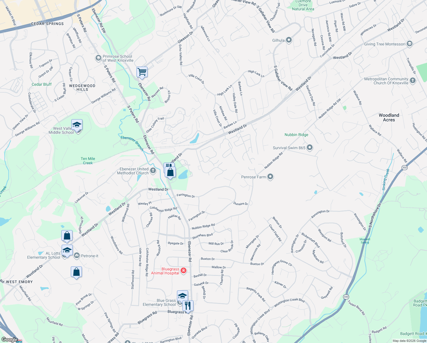 map of restaurants, bars, coffee shops, grocery stores, and more near 1107 Evelyn Mae Way in Knoxville