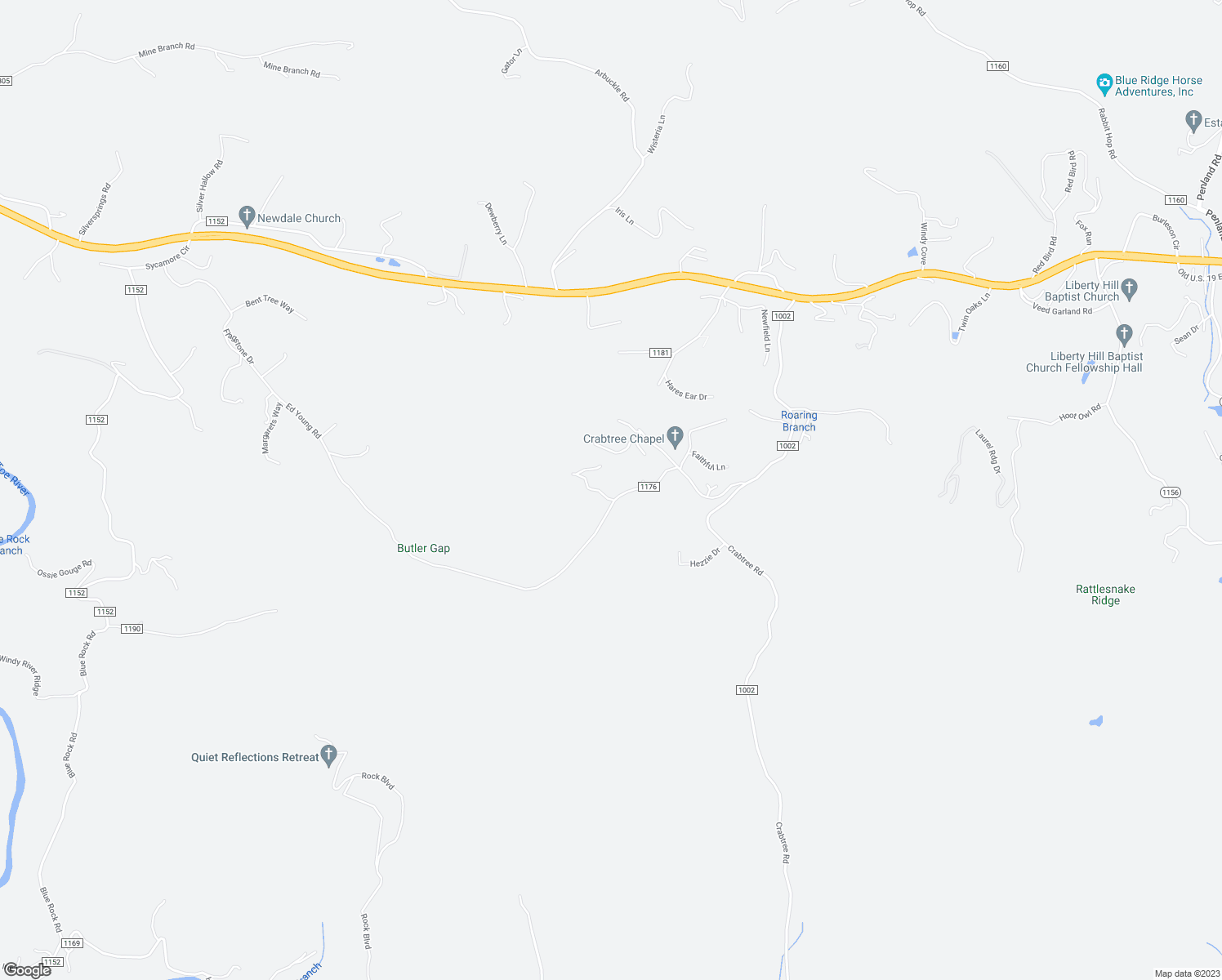 map of restaurants, bars, coffee shops, grocery stores, and more near 26 Forbes Lane in Spruce Pine