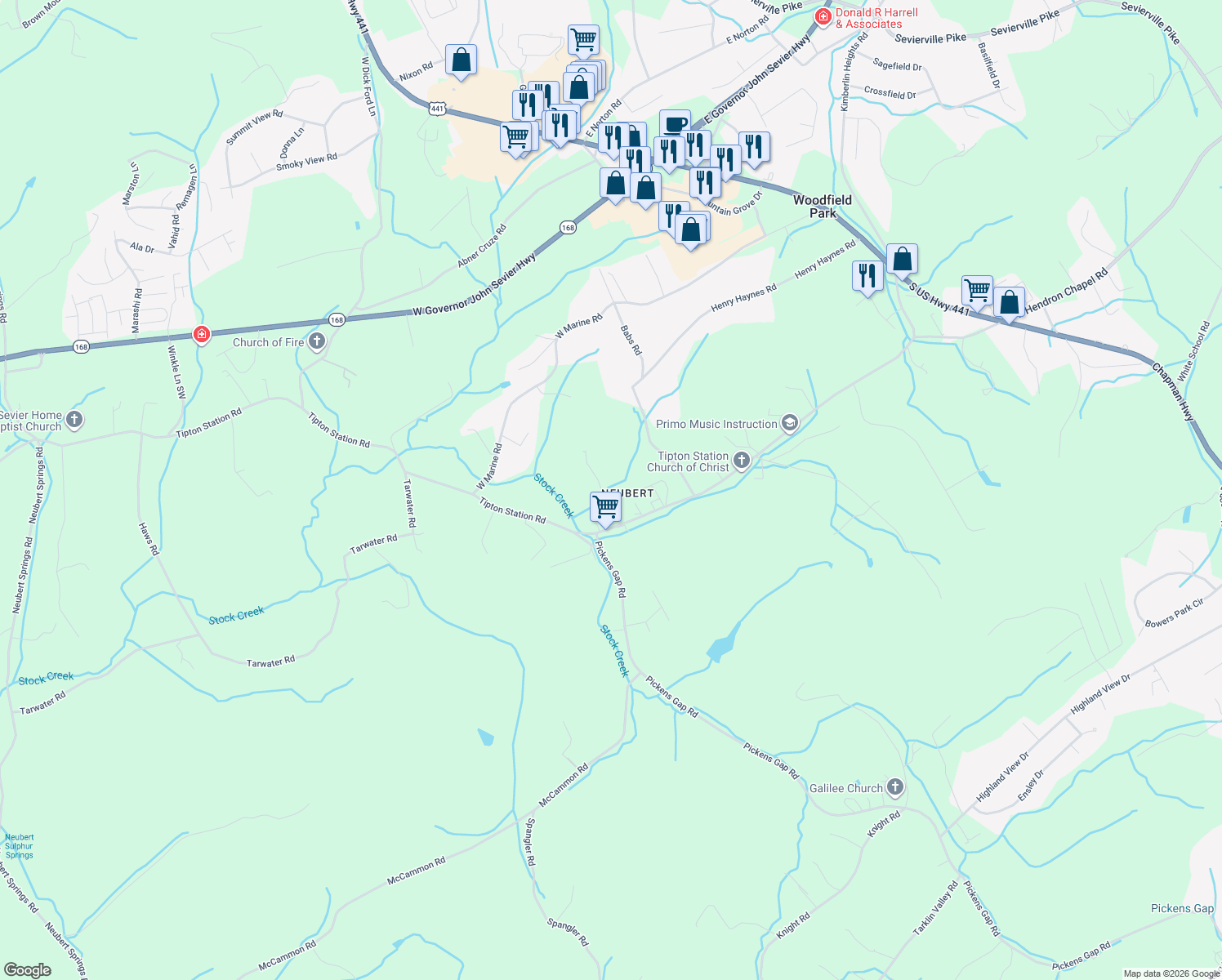 map of restaurants, bars, coffee shops, grocery stores, and more near 8014 Bob Cummings Road in Knoxville
