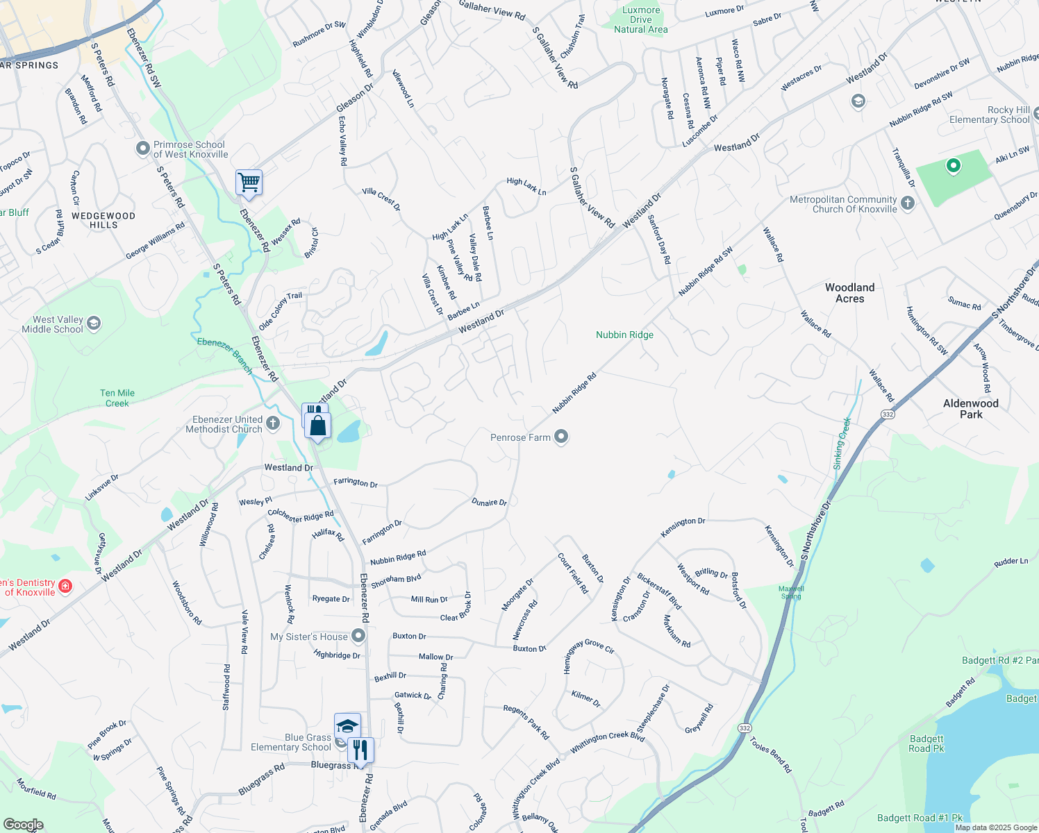 map of restaurants, bars, coffee shops, grocery stores, and more near 8408 Ashley Oak Way in Knoxville