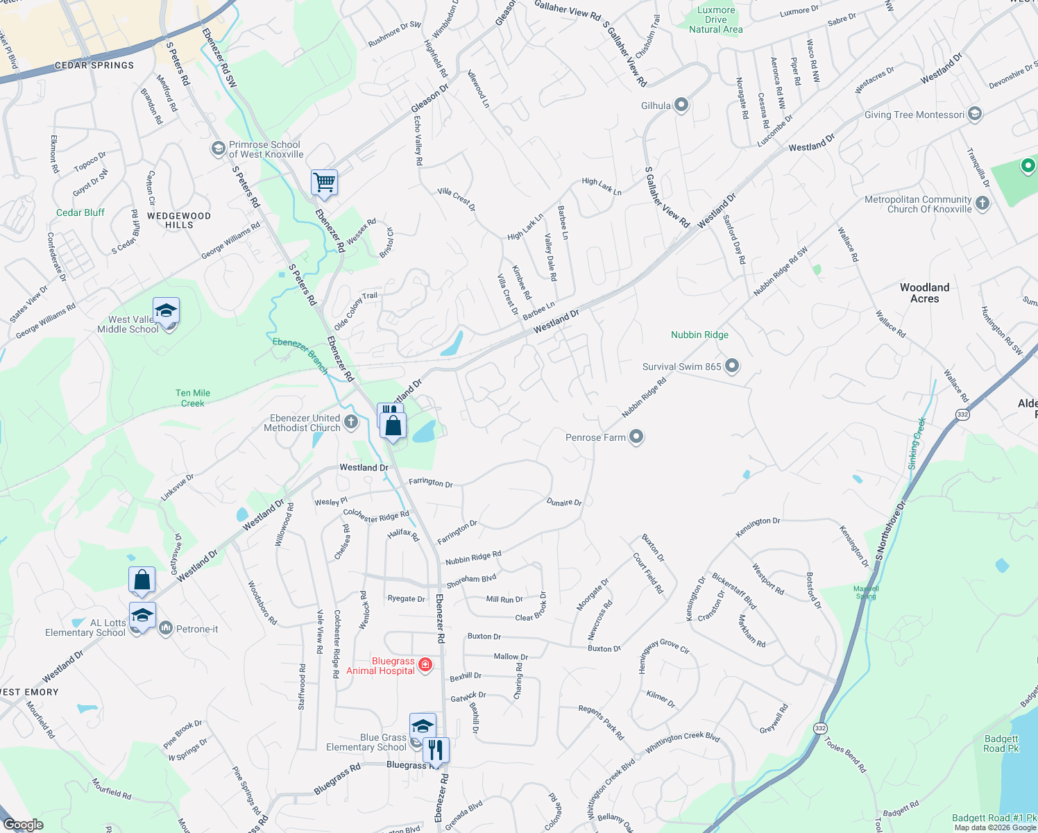 map of restaurants, bars, coffee shops, grocery stores, and more near 1153 Evelyn Mae Way in Knoxville