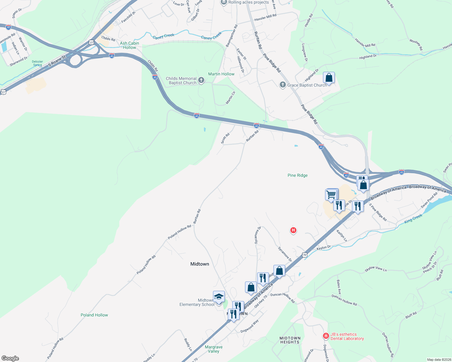 map of restaurants, bars, coffee shops, grocery stores, and more near 1875 Ruritan Road in Harriman