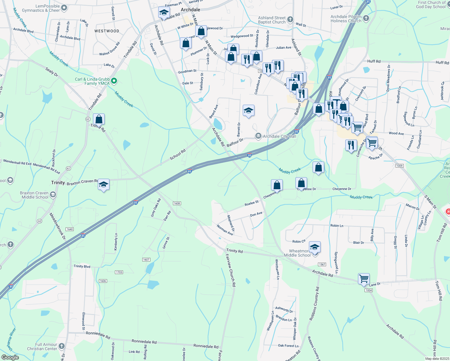 map of restaurants, bars, coffee shops, grocery stores, and more near 115 Elaine Street in Trinity