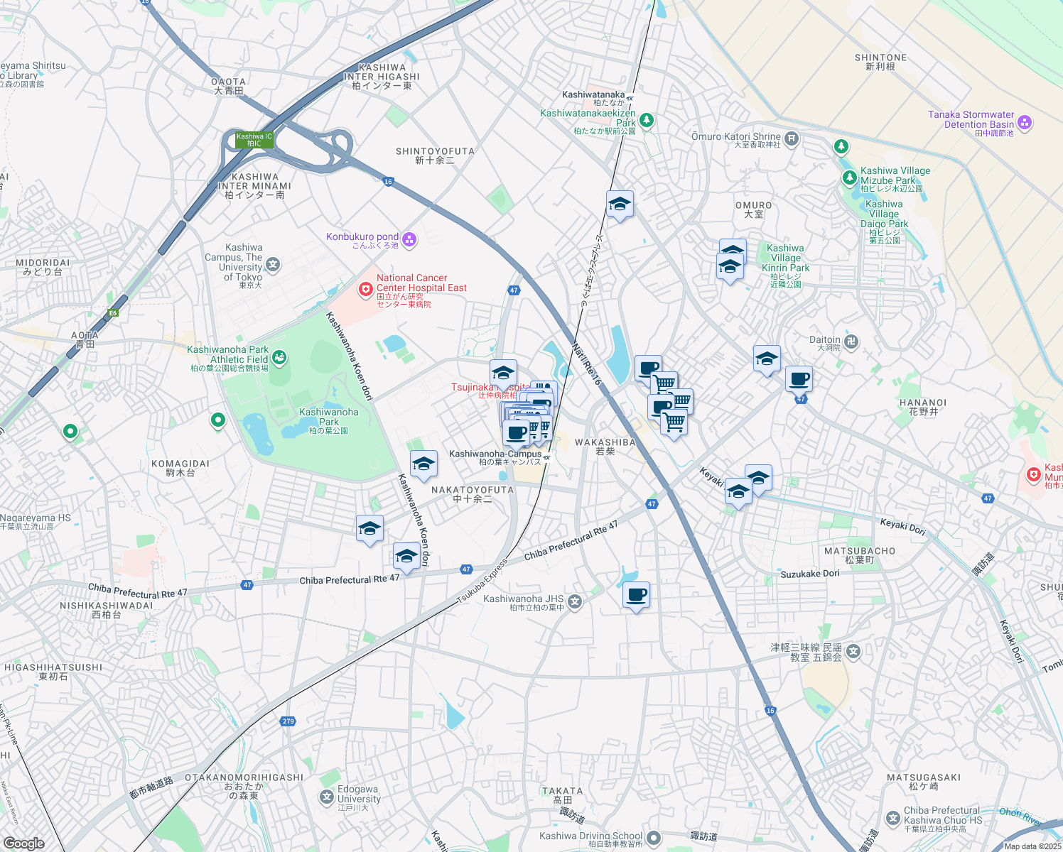 map of restaurants, bars, coffee shops, grocery stores, and more near in Kashiwa