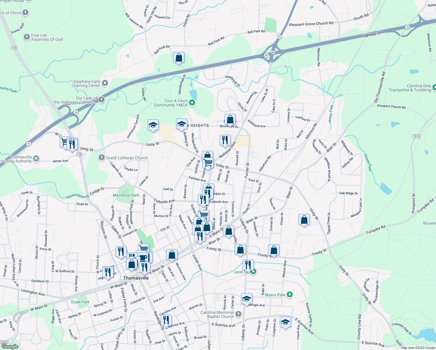 map of restaurants, bars, coffee shops, grocery stores, and more near 510 White Street in Thomasville