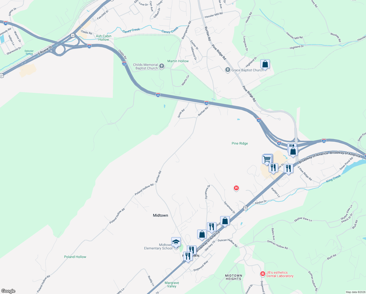 map of restaurants, bars, coffee shops, grocery stores, and more near 1875 Ruritan Road in Harriman