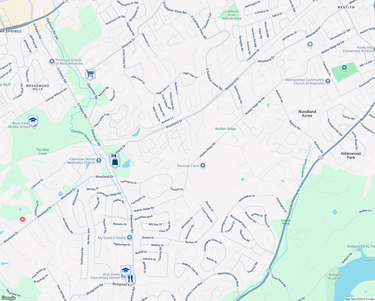 map of restaurants, bars, coffee shops, grocery stores, and more near 8504 Old Towne Court in Knoxville