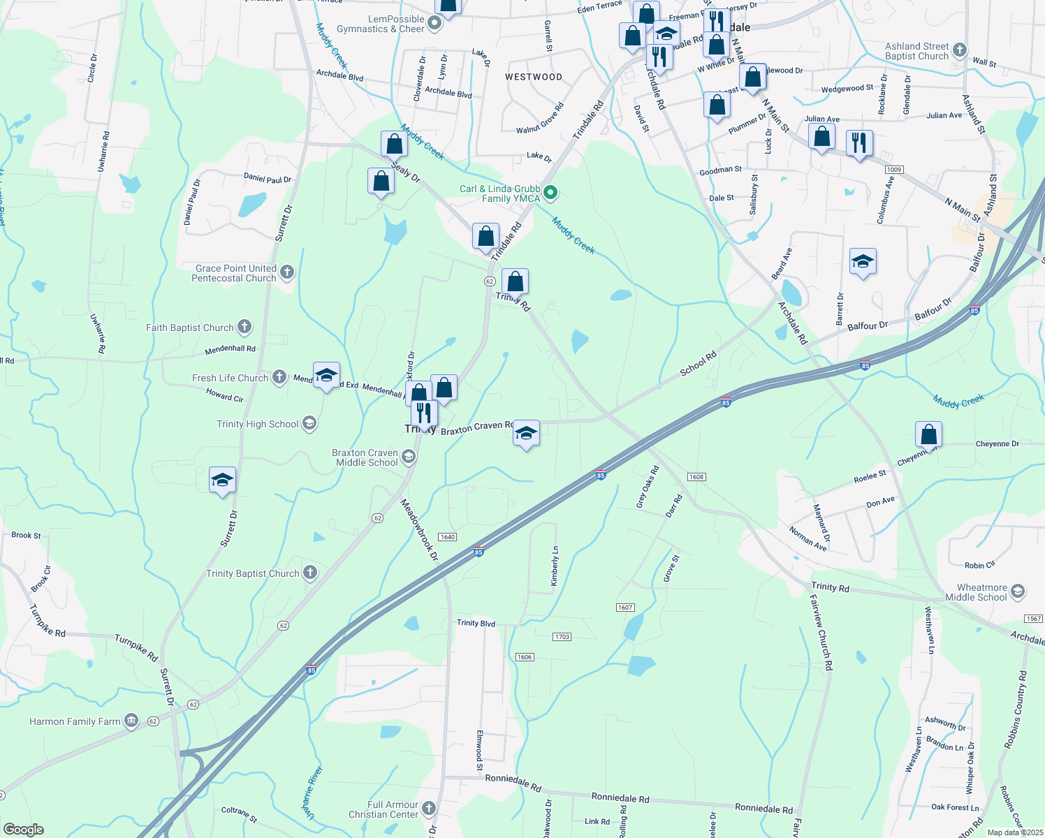 map of restaurants, bars, coffee shops, grocery stores, and more near 5464 Braxton Craven Road in Trinity