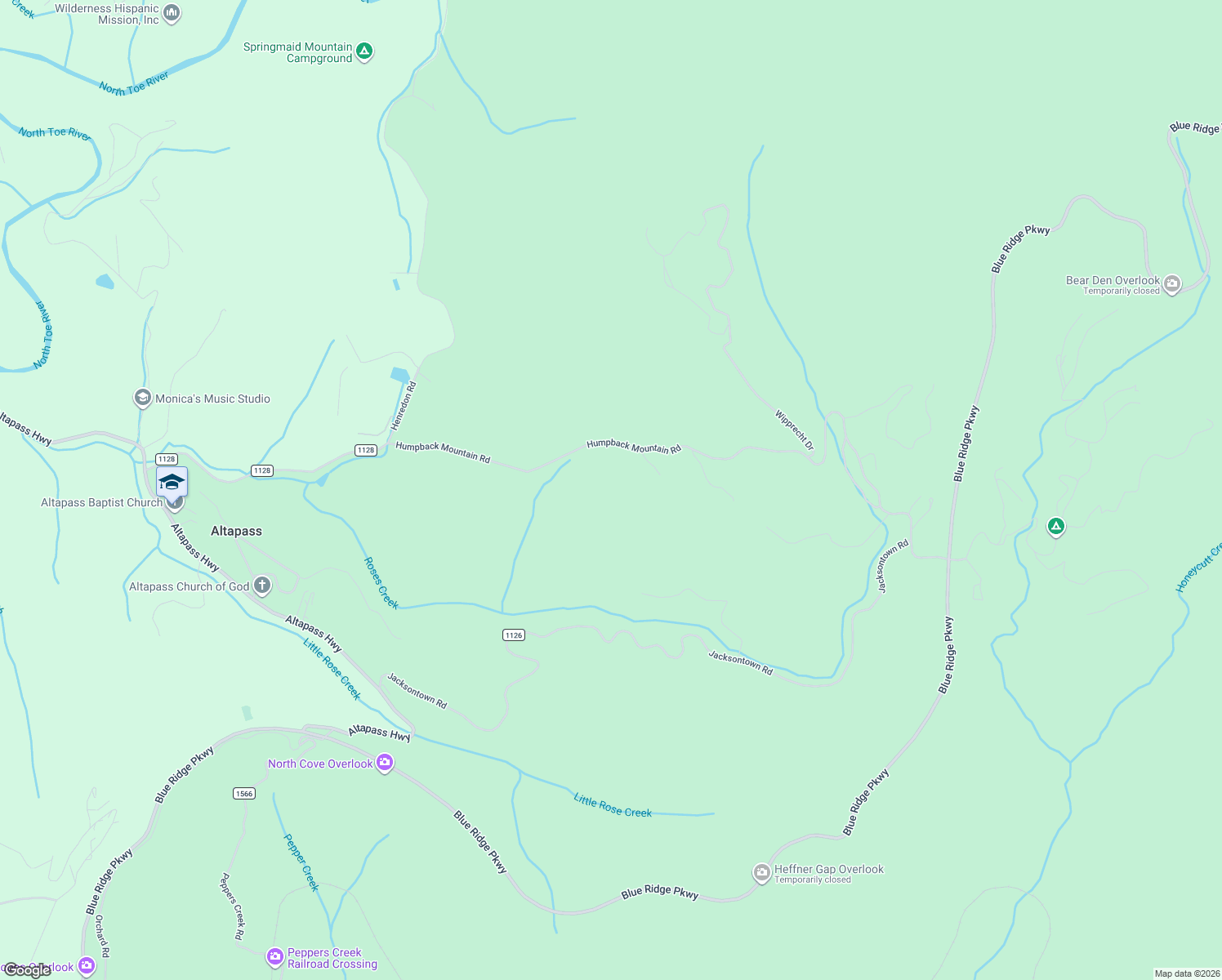 map of restaurants, bars, coffee shops, grocery stores, and more near 1482 State Road 1128 in Spruce Pine