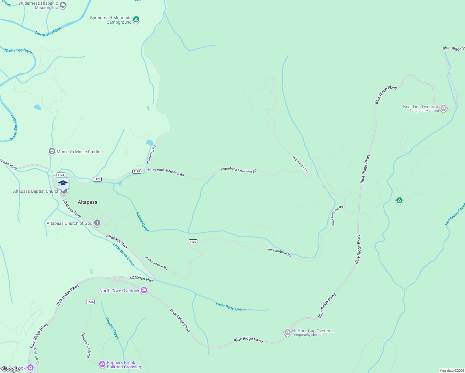 map of restaurants, bars, coffee shops, grocery stores, and more near 1482 State Road 1128 in Spruce Pine