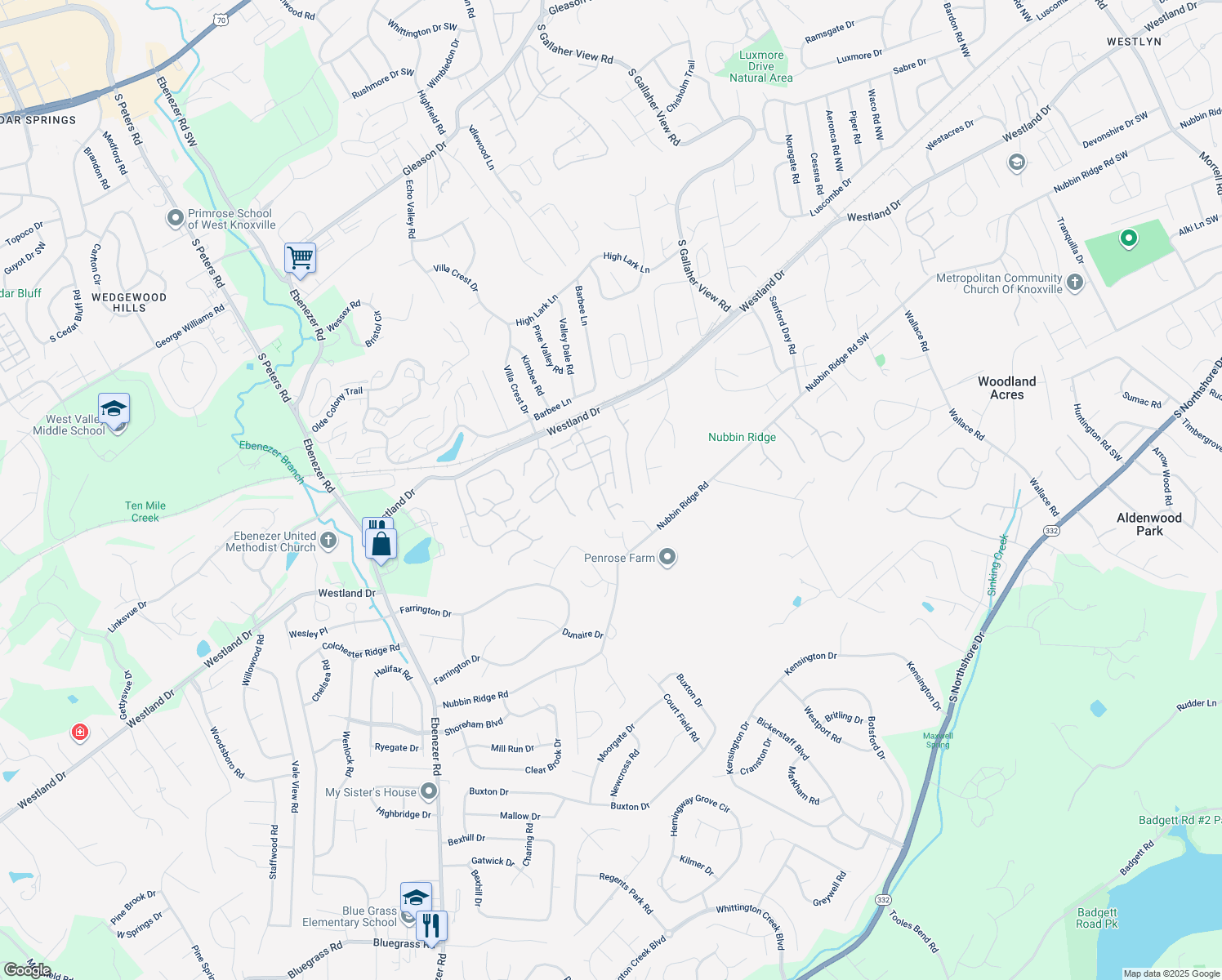 map of restaurants, bars, coffee shops, grocery stores, and more near 8504 Old Towne Court in Knoxville
